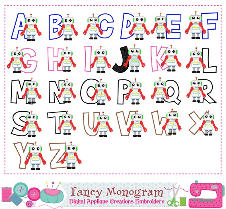 Robot Monograms Applique Embroidery Design Birthday Letters - Etsy