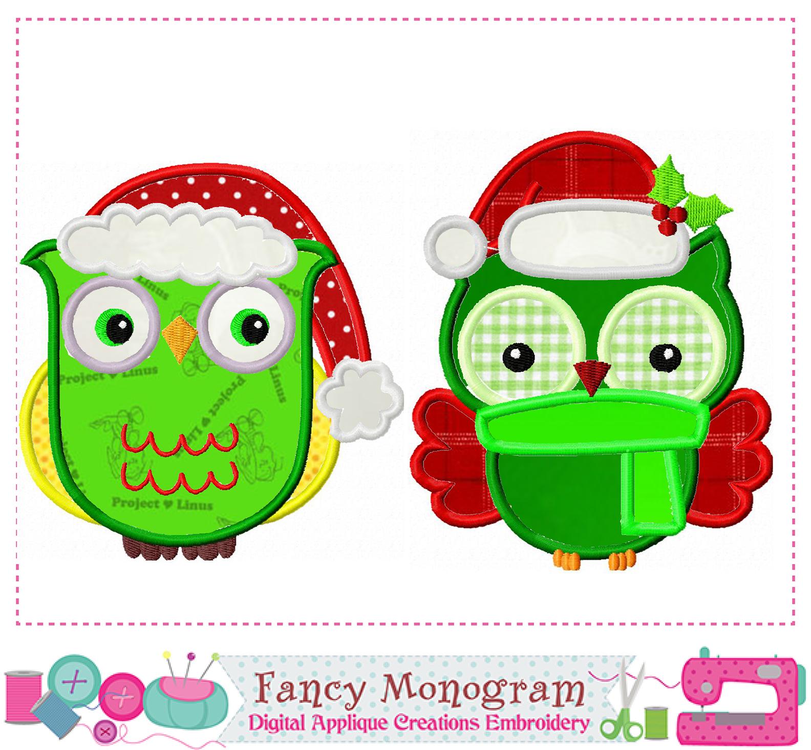 Santa Hat Christmas Owl Applique Embroidery, Holly berry Design 1410