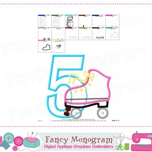 May include: A blue number five with a pink and white roller skate. The skate has yellow laces and wheels. The design is for embroidery.
