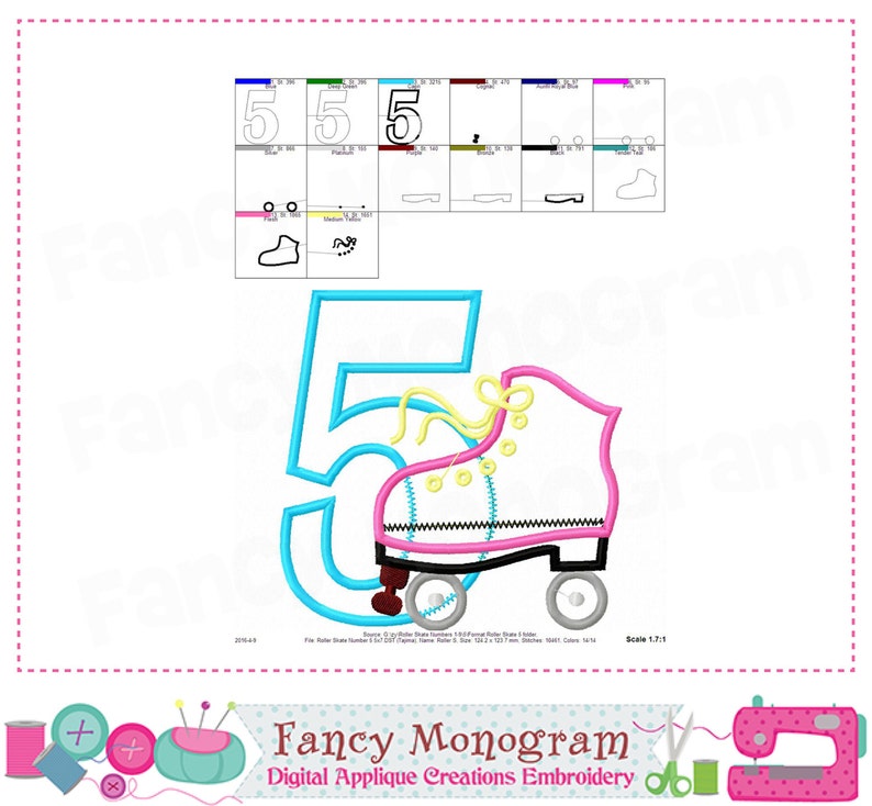 May include: A blue number five with a pink and white roller skate. The skate has yellow laces and wheels. The design is for embroidery.