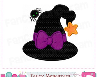 Witch Hat Machine Embroidery Design - Halloween Spider Bow Applique  -1601