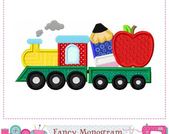 Apple Train Embroidery Applique Design: Back to School (5x5, 6x6, 7x7, 8x8 inch) 256AP
