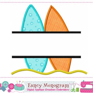 May include: An embroidery applique design featuring two surfboards, one light blue with white stars and one orange with vertical lines, bisected by a horizontal blank space for text, with a yellow wavy line at the bottom and a pink border.
