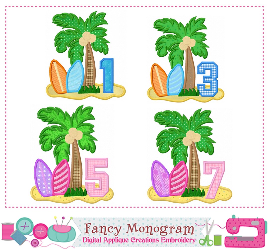 Tropical Surfboard Numbers Applique - Beach Birthday Machine Embroidery ...