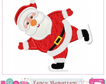 May include: Red and white embroidered design of Santa Claus ice skating. The design is perfect for a Christmas themed project.