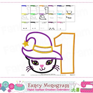 Puede incluir: Dise&ntilde;o de bordado digital que presenta un gato blanco con un sombrero de bruja morado con una estrella dorada y el n&uacute;mero 1. Parte de una colecci&oacute;n de creaciones de apliques digitales.