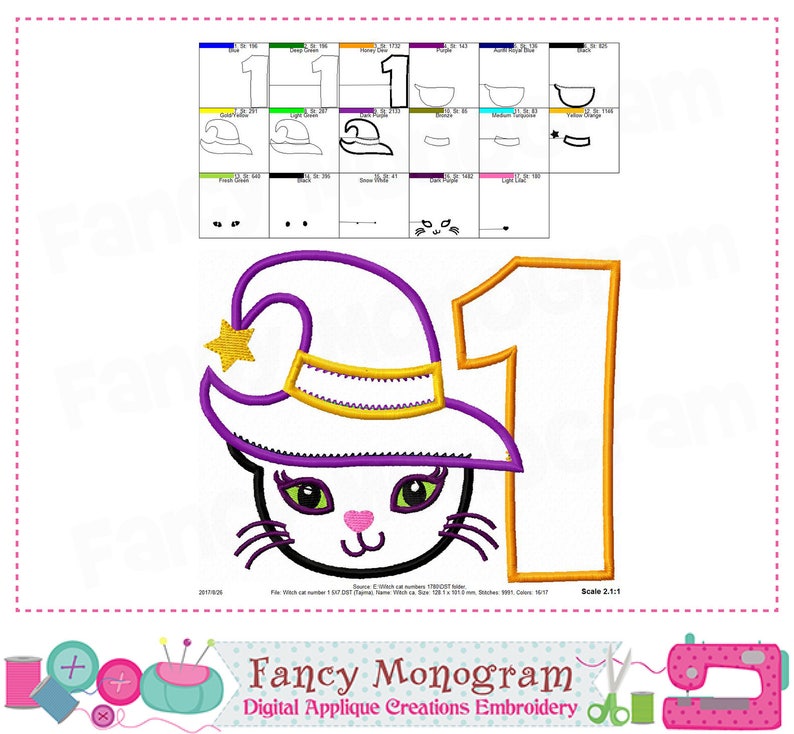 Puede incluir: Dise&ntilde;o de bordado digital que presenta un gato blanco con un sombrero de bruja morado con una estrella dorada y el n&uacute;mero 1. Parte de una colecci&oacute;n de creaciones de apliques digitales.
