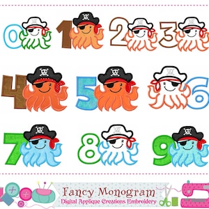 Birthday Number Applique Pirate octopus Machine Embroidery - Summer beach baby design -256OP