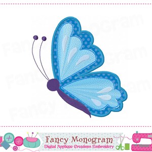May include: Blue butterfly applique embroidery design with purple accents and white polka dots. This design is perfect for adding a touch of whimsy to your projects.