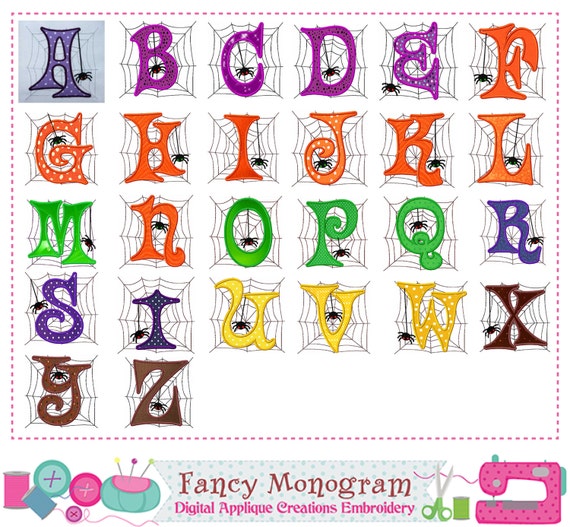 Halloween Monogram A~Z applique,Halloween Letters applique,Spider,Fonts applique,Halloween applique,Alphabet,Halloween,Spider applique.,05