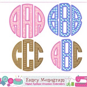 May include: Four monogram designs in a circle shape. The monograms feature the letters AAA, BBB, CCC, and ABC. The letters are in pink, blue, and brown with various patterns. The text "Fancy Monogram" is at the bottom.