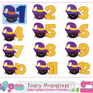 Puede incluir: Colecci&oacute;n de dise&ntilde;os de apliques digitales con caras de gatos negros con sombreros de bruja con los n&uacute;meros del 1 al 12. Los n&uacute;meros son amarillos con varios patrones. Los sombreros son morados con bandas amarillas.