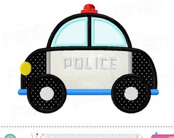 May include: A black and white cartoon police car with a red light on top. The car has a blue stripe and white polka dots on the tires. The word "POLICE" is written in white letters on the side of the car.