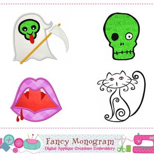 Könnte beinhalten: Eine Sammlung digitaler Applikationsdesigns zum Thema Halloween. Enthält einen Geist mit Sense, einen grünen Schädel, Vampirlippen und eine stilisierte schwarze Katze. Der Text "Fancy Monogram" ist ebenfalls vorhanden.