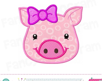 Piggy Applique Design - Bow Machine Embroidery (4x4, 5x5, 6x6 inch)1747