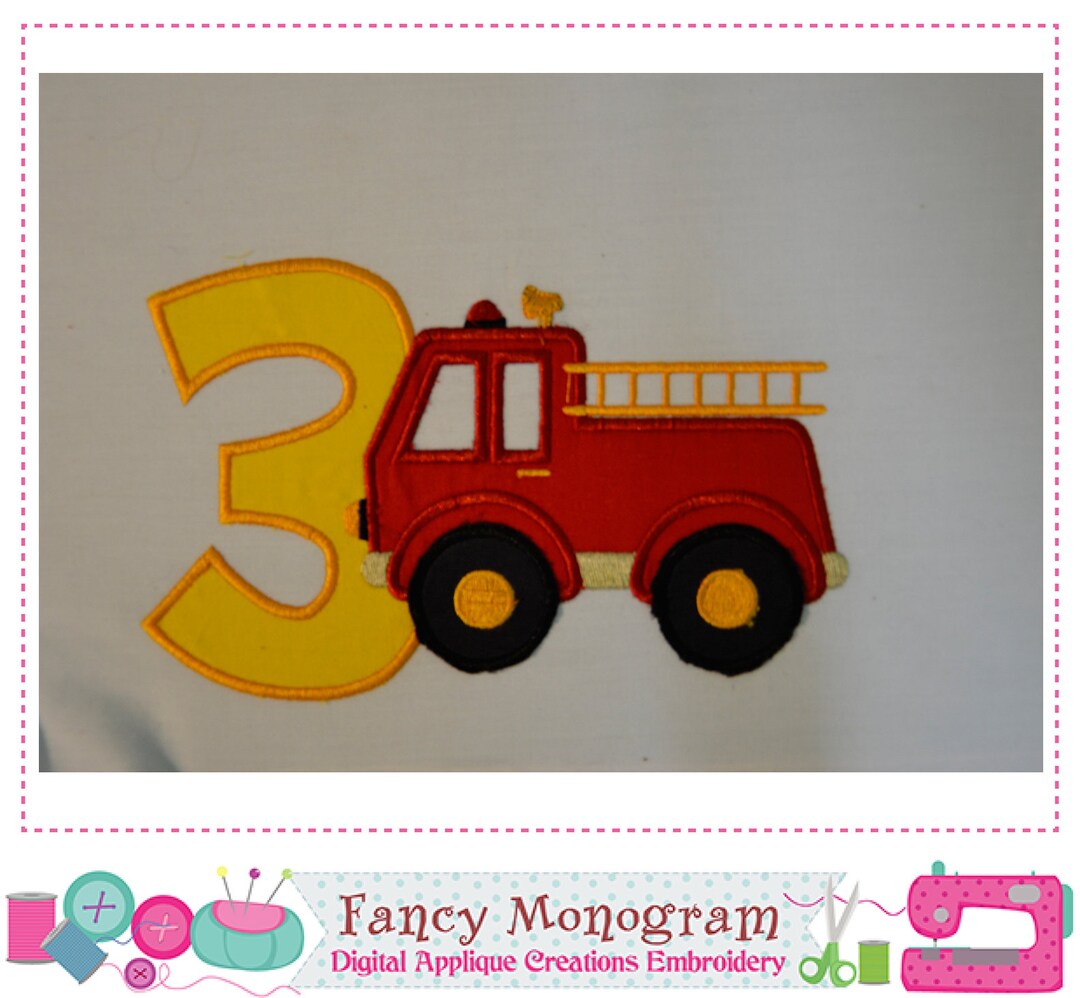Firetruck Number 3 Applique Firetruck Applique Firetruck Embroidery