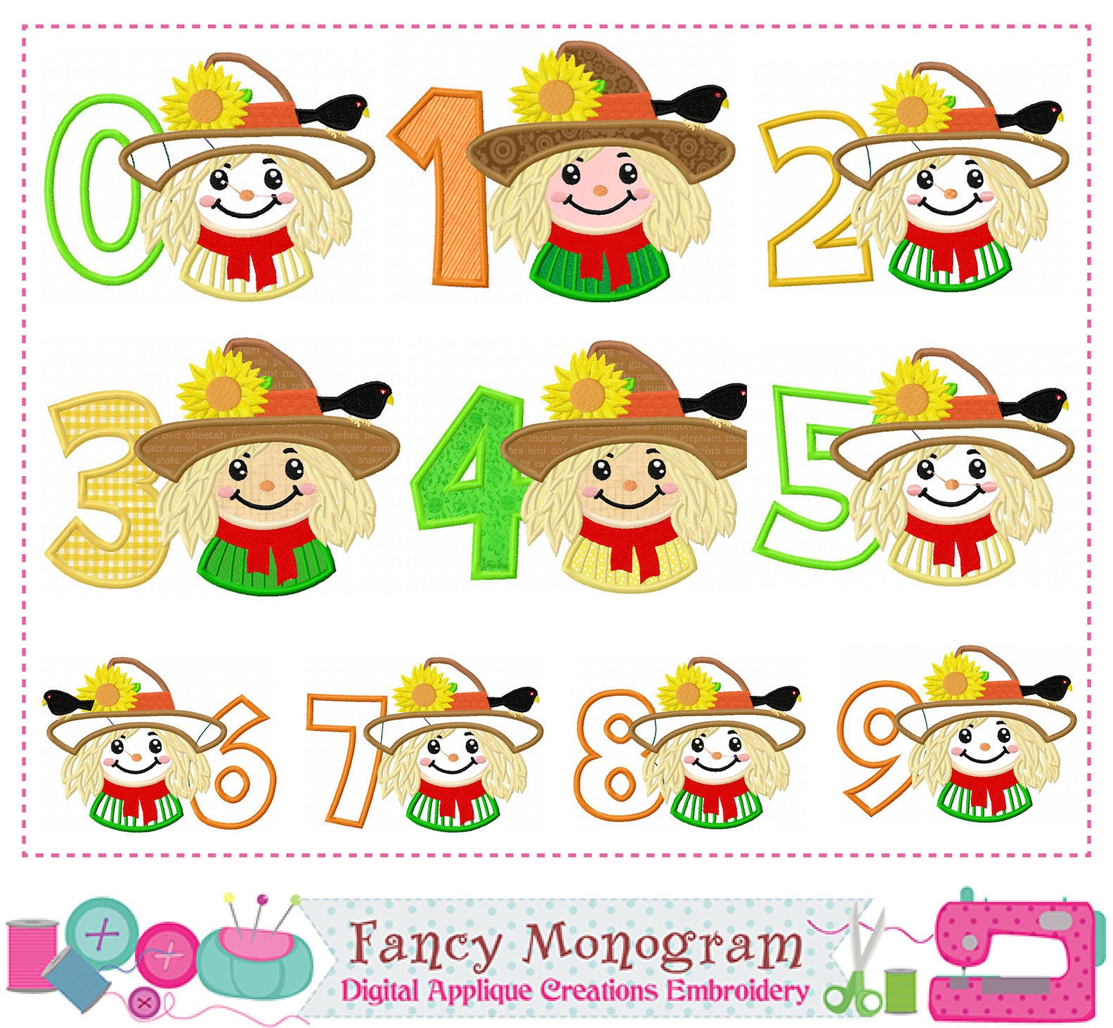 Scarecrow Embroidery Numbers Fall Design - Thanksgiving Applique Pattern - Shirt embroidery -2410W