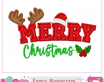 Merry Christmas Applique Embroidery - Festive Reindeer Santa -2511B