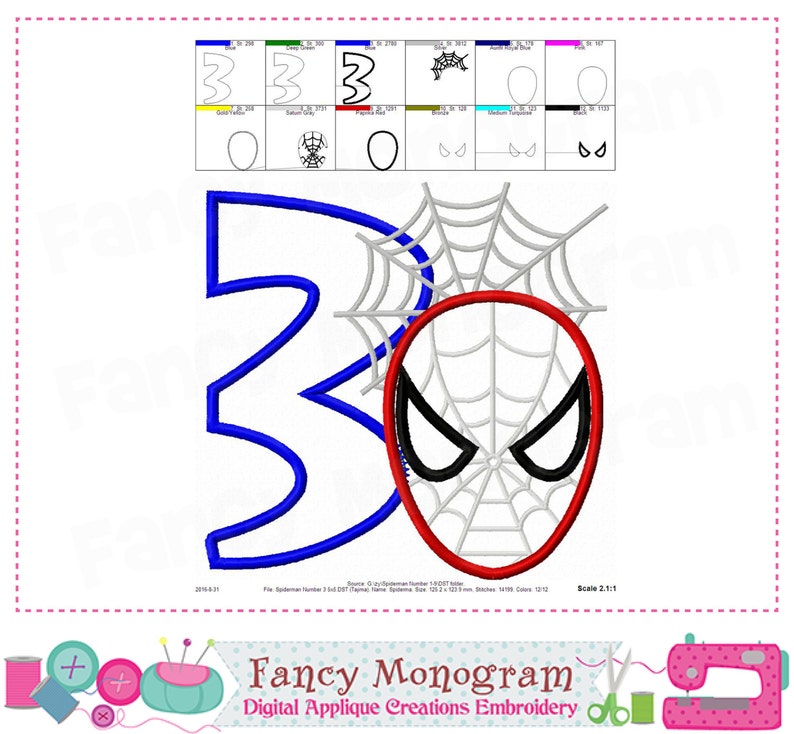 Spiderman Number 3 Applique Birthday Embroidery My 3rd