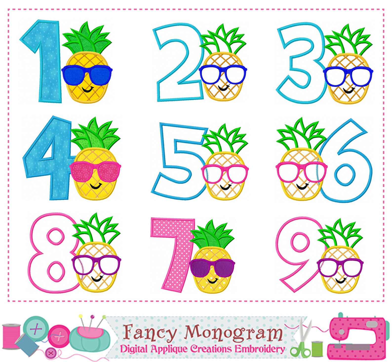 Pineapple Numbers Applique Design Summer Numbers Embroidery Etsy