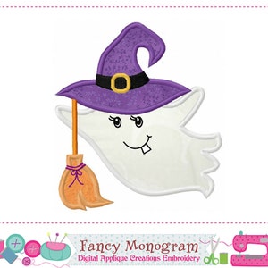 May include: An embroidery design featuring a white ghost wearing a purple patterned witch hat with a black band and yellow buckle. The ghost holds an orange broom with a purple tie. The text Fancy Monogram Digital Applique Creations Embroidery appears below.