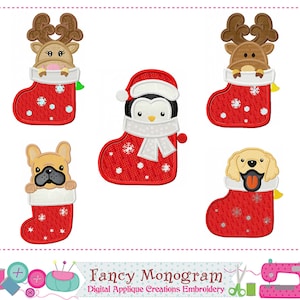 May include: Four Christmas stocking designs featuring a reindeer, penguin, French bulldog, and golden retriever peeking out of the top of the stocking. Each stocking is red with white snowflakes and a white trim.
