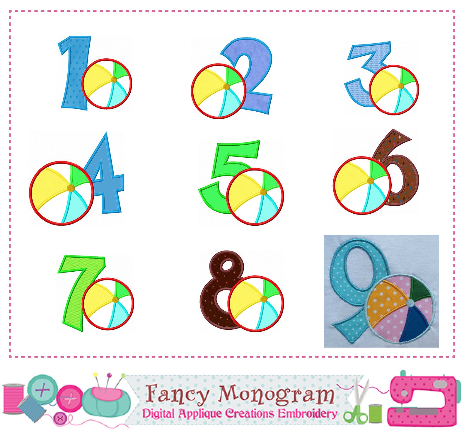 Beach ball Numbers applique,Summer Numbers applique,Beach ball applique