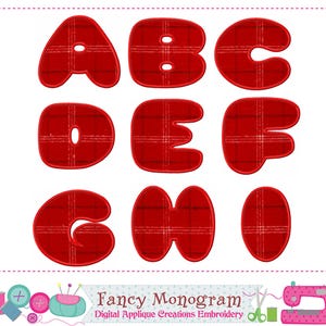 May include: Nine red plaid letters of the alphabet, A to I, are shown. Each letter has a rounded, bubble-like shape with a small hole. The letters are arranged in three rows of three. The image is for digital applique embroidery.