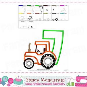K&ouml;nnte beinhalten: Applikationsdesign in Form eines orangefarbenen und gr&uuml;nen Traktors zum Sticken. Der Traktor ist gr&uuml;n umrandet und hat einen schwarzen Reifen.