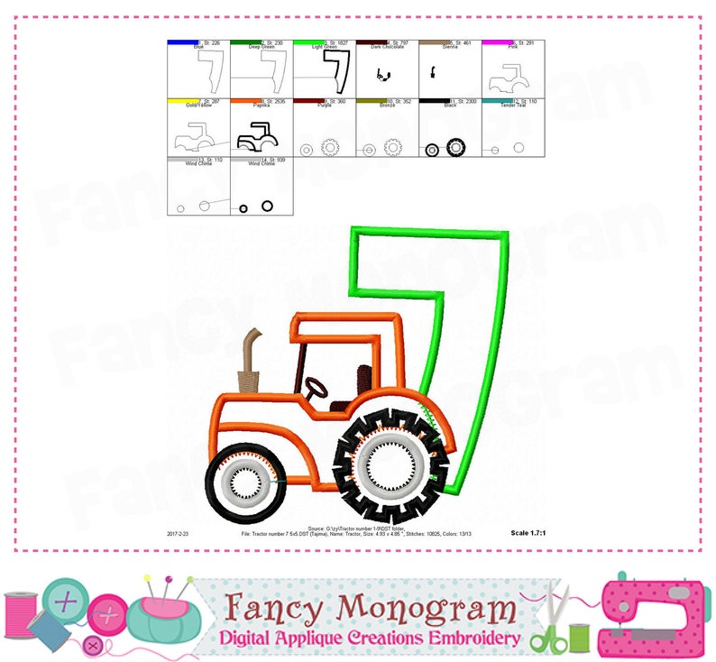 K&ouml;nnte beinhalten: Applikationsdesign in Form eines orangefarbenen und gr&uuml;nen Traktors zum Sticken. Der Traktor ist gr&uuml;n umrandet und hat einen schwarzen Reifen.