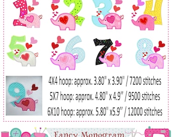 Elephant Numbers applique - Birthday Numbers applique design embroidery - Elephant embroidery - Valentine's day - Elephant applique -1532