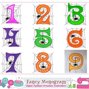 K&ouml;nnte beinhalten: Neun bunte gestickte Zahlen von 1 bis 9, jede mit einem Spinnen- und Netzdesign. Die Zahlen sind in verschiedenen Farben, darunter Pink, Orange, Gr&uuml;n, Lila und Gelb. Die Zahlen sind von einem wei&szlig;en Hintergrund umgeben.