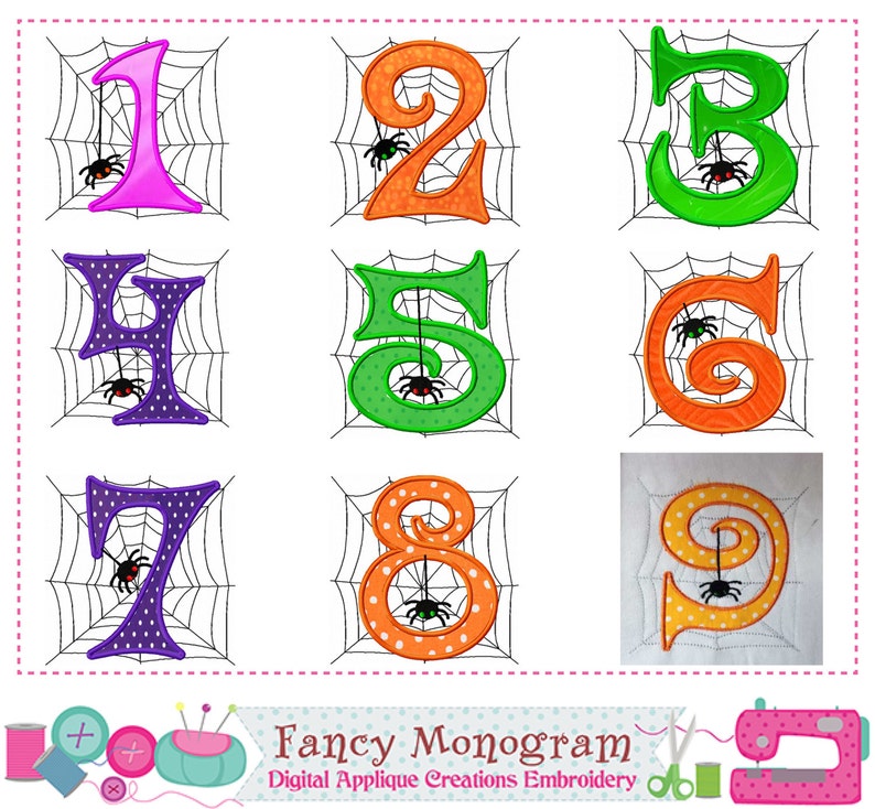 K&ouml;nnte beinhalten: Neun bunte gestickte Zahlen von 1 bis 9, jede mit einem Spinnen- und Netzdesign. Die Zahlen sind in verschiedenen Farben, darunter Pink, Orange, Gr&uuml;n, Lila und Gelb. Die Zahlen sind von einem wei&szlig;en Hintergrund umgeben.
