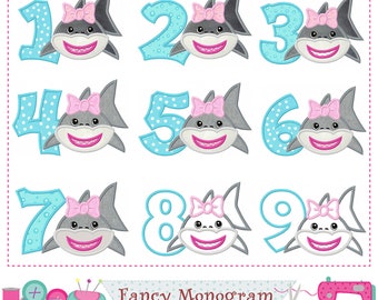 Shark Girl Numbers applique embrodiery - Summer beach Birthday party design - Sea animal embroidery design - machine embroidery -1942