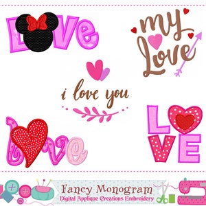 May include: A selection of Valentine's Day embroidery designs. The designs feature the words "Love", "My Love", and "I Love You", with heart and bow details. The color scheme is mainly pink, red, and brown.