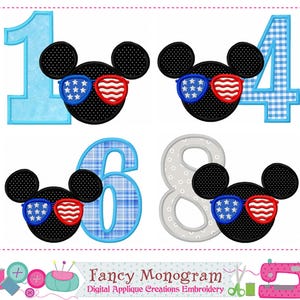 Mickey Mouse Numbers Applique - Patriotic Birthday Design for Independence Day -255G