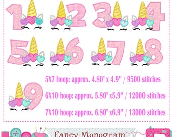 Unicorn numbers design - Birthay numbers embroidery - Valentine's day numbers applique design - Unicorn applique embroidery design.-2201A