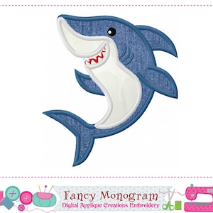 May include: A blue and white cartoon shark with a toothy grin. The shark is jumping up with its mouth open and its tail in the air. The shark is outlined in white.