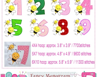Bumble bee Numbers applique embroidery - Birthday party Numbers embroidery design - Summer Spring embroidery - machine embrodiery-1557