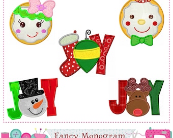 Christmas Embroidery Design - JOY Applique with Reindeer, Snowman & Gingerbread -242E