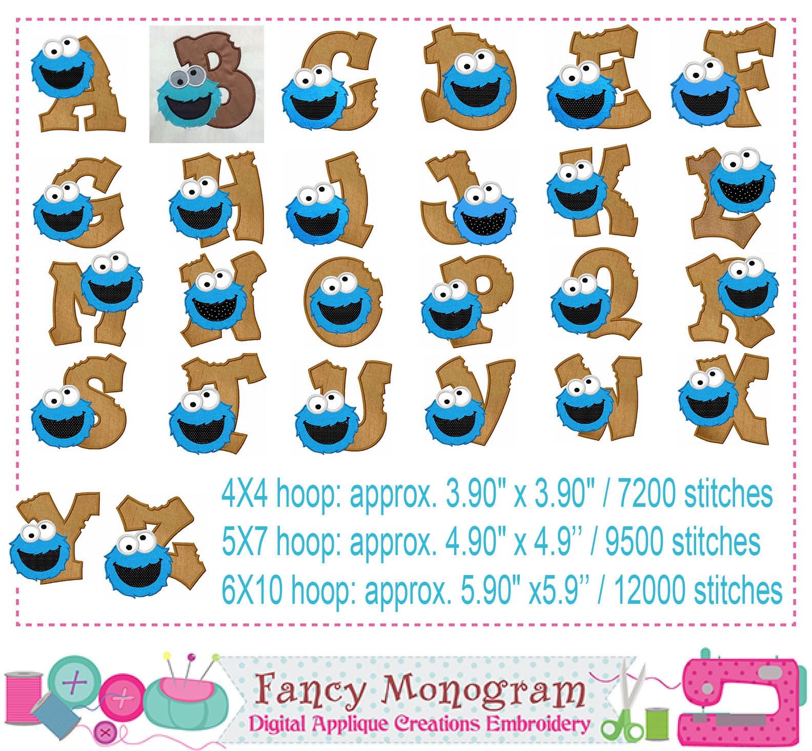 Cookie Monster Alphabet Embroidery Cookie Monster Monograms Etsy UK