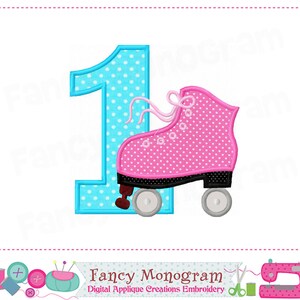 May include: A blue and white polka dot number one with a pink roller skate with white polka dots. The roller skate has a white ribbon and black wheels.
