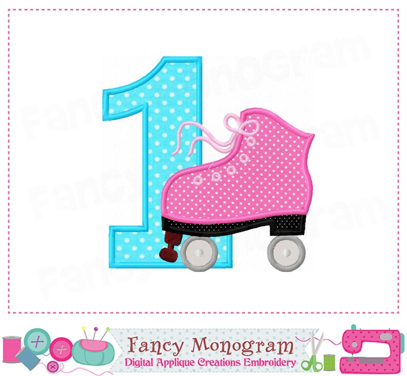 May include: A blue and white polka dot number one with a pink roller skate with white polka dots. The roller skate has a white ribbon and black wheels.