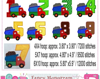 Dump truck Numbers applique - Birthday party Numbers design - Environmental protection design - machine embroidery. -1566