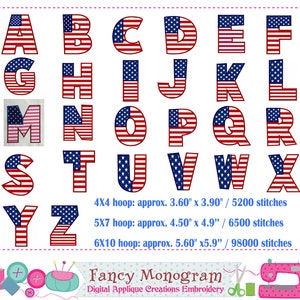 Independence Day 4th July party Alphabet embrodiery - Patriotic Monograms applique  - The Old Glory Letters embrodiery - machine embroidery
