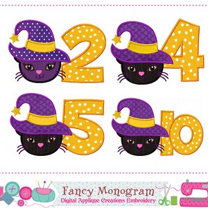 Puede incluir: Un dise&ntilde;o de aplique digital con un gato negro que lleva un sombrero de bruja morado con un borde y una estrella amarillos. Los n&uacute;meros 2, 4, 5 y 0 son amarillos con lunares blancos. El texto "Fancy Monogram" est&aacute; en la parte inferior.