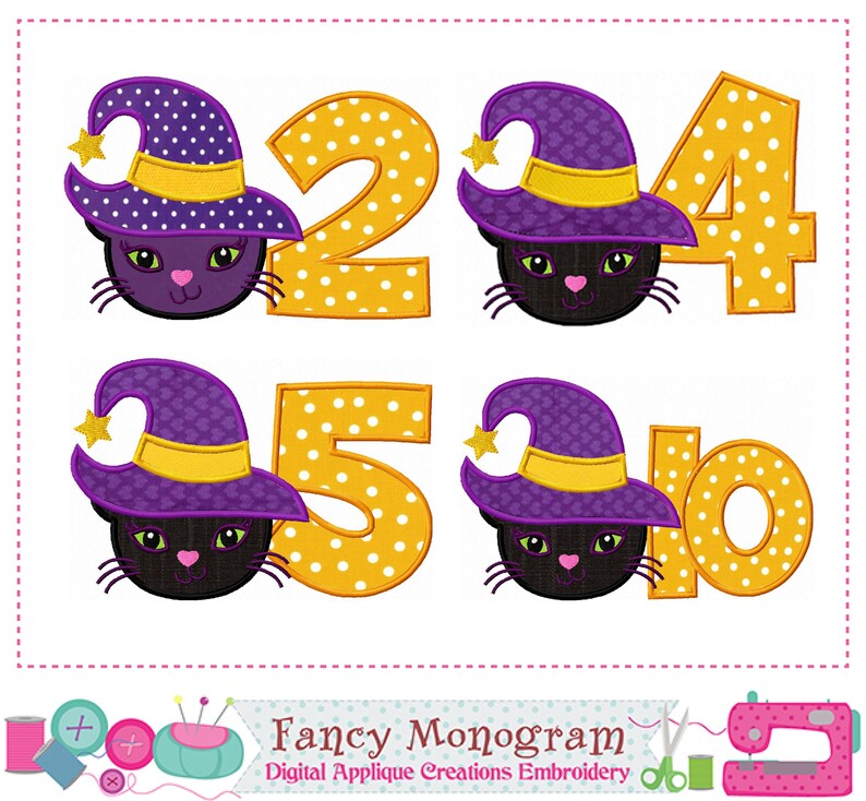 Puede incluir: Un dise&ntilde;o de aplique digital con un gato negro que lleva un sombrero de bruja morado con un borde y una estrella amarillos. Los n&uacute;meros 2, 4, 5 y 0 son amarillos con lunares blancos. El texto "Fancy Monogram" est&aacute; en la parte inferior.