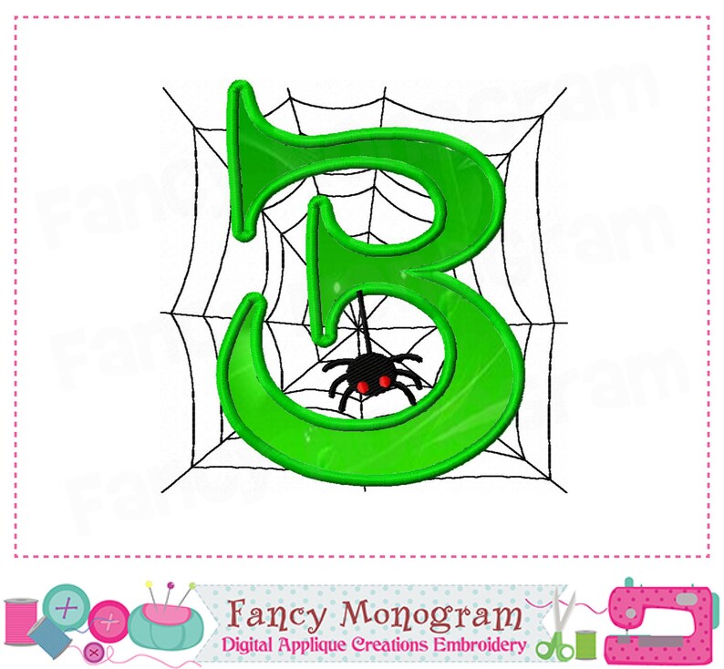 K&ouml;nnte beinhalten: Gr&uuml;ne Zahl drei mit einer Spinne in einem Netz. Die Zahl ist in einer eleganten Schriftart und die Spinne ist schwarz mit roten Augen.