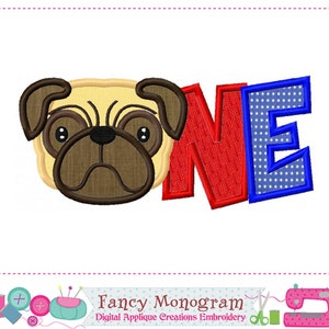 May include: Embroidered design featuring a cartoon pug face and the word "ONE" in red, white, and blue with a star pattern.