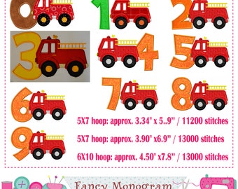 Firetruck Numbers applique - Birthday Numbers embroidery - Firetruck applique design embroidery - Farmer embroidery-machine embroidery-18619